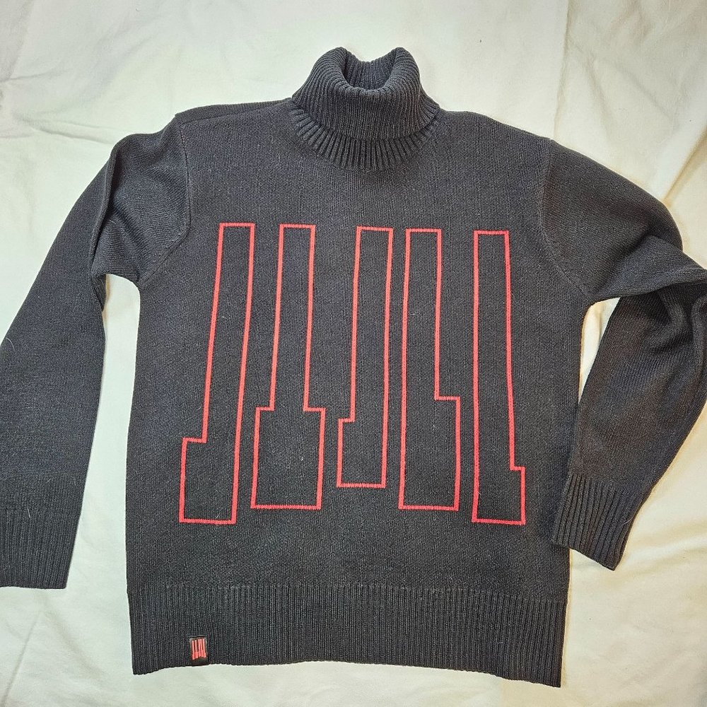 Turtleneck Sweater with Red Geometric Detail - Women's Cowl & Turtleneck